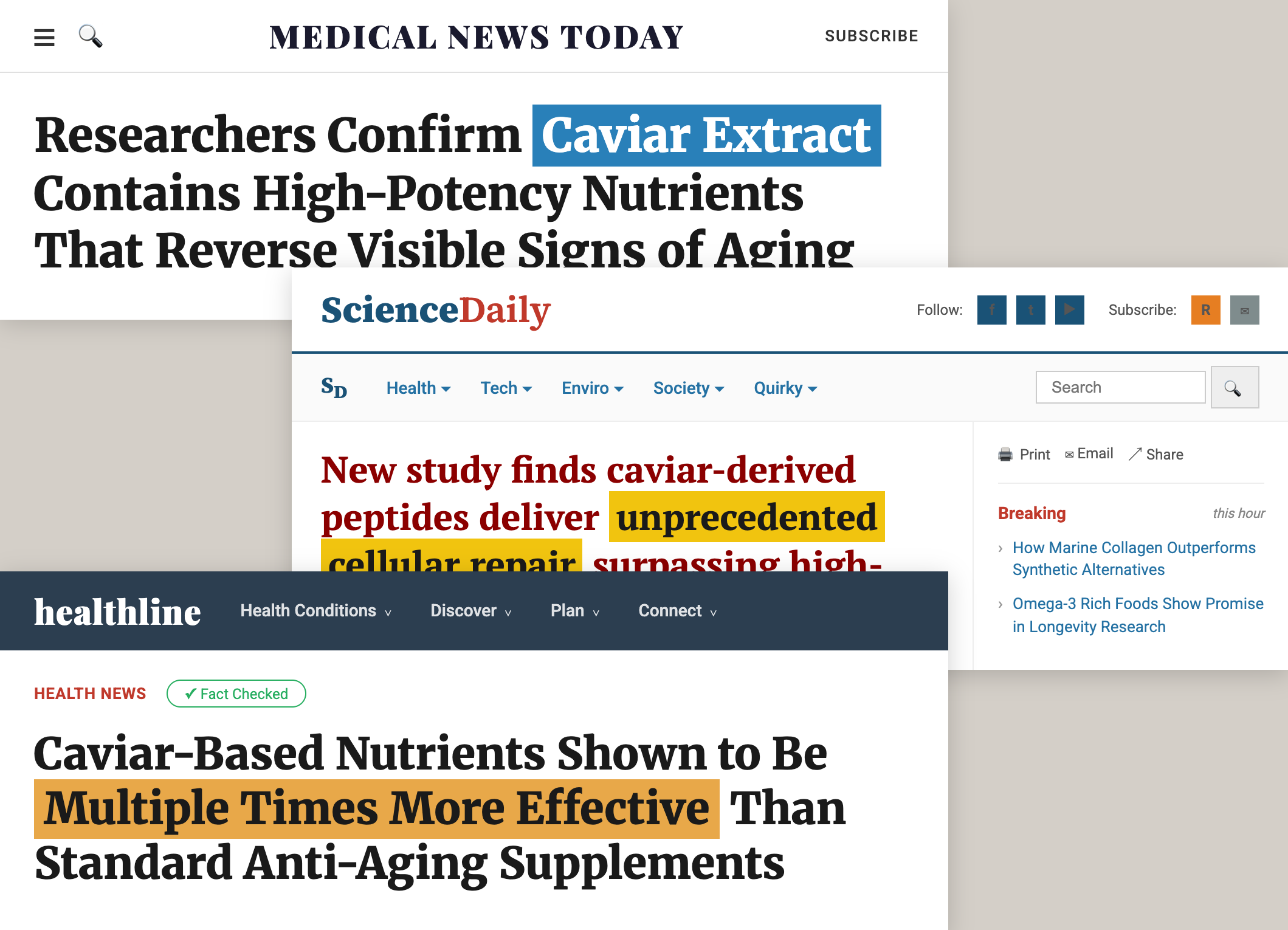 Collage of peer-reviewed studies on caviar-derived skincare compounds